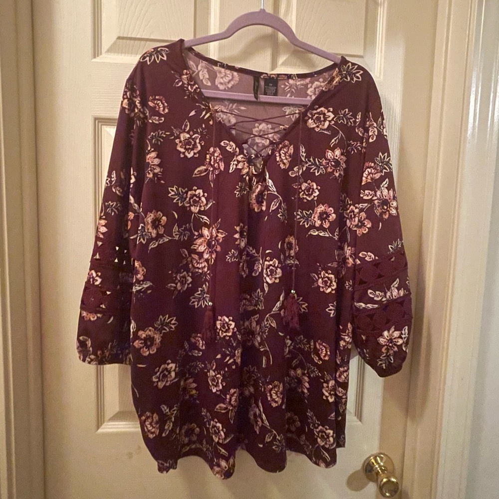 EUC plus size 3x New Directions embroidered lace up peasant burgundy blouse top